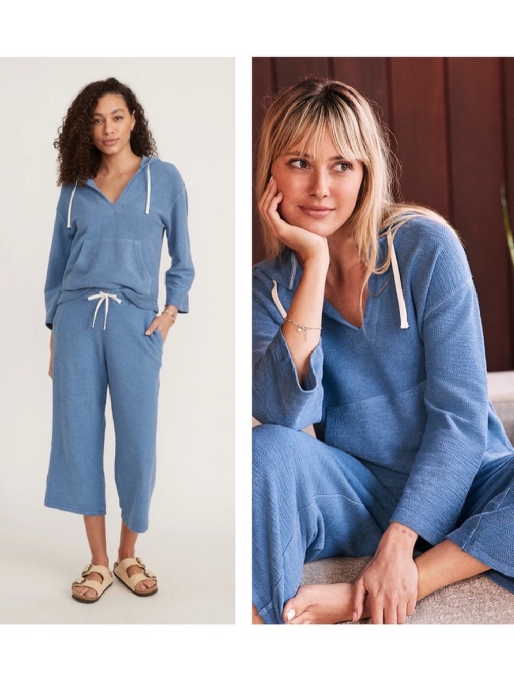 ·Marine Layer· Blue Cropped V-Neck Hoodie Sweatshirt Shirt Top